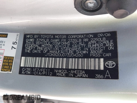 2007 Toyota Prius with VIN JTDKB20U073204260, listed as a IAAI auction lot 42127630 with 178,754 mi miles and . Bid and sale history available at DreamBid. Image 9.