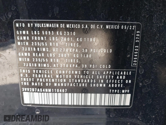2022 Volkswagen Tiguan SE z VIN 3VV2B7AX4NM118467, wystawiony jako IAAI lot #41769676 z przebiegiem 55 305 mil mil oraz . Historia ofert i sprzedaży dostępna na DreamBid. Obrazek 9.