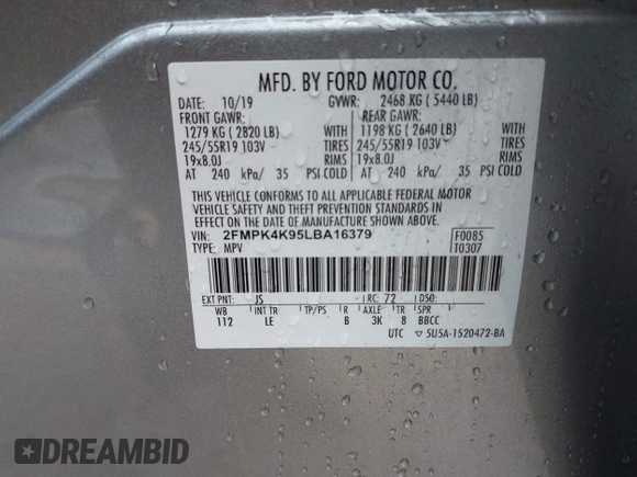 2020 Ford Edge Titanium z VIN 2FMPK4K95LBA16379, wystawiony jako IAAI lot #41190704 z przebiegiem 69 076 mil mil oraz . Historia ofert i sprzedaży dostępna na DreamBid. Obrazek 9.