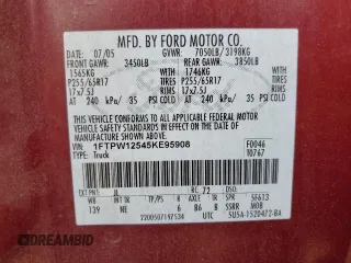 2005 Ford F-150 XLT with VIN 1FTPW12545KE95908, listed as a Copart auction lot 78095284 with 189,585 mi miles and Clean title. Bid and sale history available at DreamBid. Image 12.