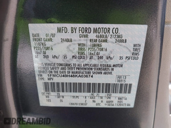 2008 Ford Escape Hybrid z VIN 1FMCU49H48KA03674, wystawiony jako IAAI lot #42587791 z przebiegiem 160 202 mil mil oraz . Historia ofert i sprzedaży dostępna na DreamBid. Obrazek 9.