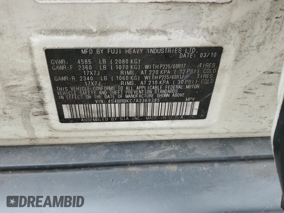 2010 Subaru Outback Limited Power Moon with VIN 4S4BRBKC7A3369385, listed as a Copart auction lot 53882925 with 148,088 mi miles and Salvage title. Bid and sale history available at DreamBid. Image 13.