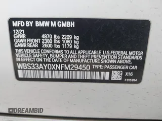 2022 BMW M3 Competition z VIN WBS33AY0XNFM29450, wystawiony jako IAAI lot #41609392 z przebiegiem 22 776 mil mil oraz . Historia ofert i sprzedaży dostępna na DreamBid. Obrazek 9.