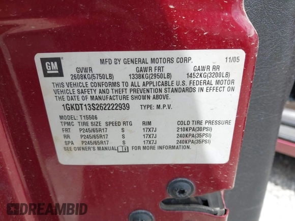 2006 GMC Envoy SLE z VIN 1GKDT13S262222939, wystawiony jako IAAI lot #42210957 z przebiegiem 238 217 mil mil oraz . Historia ofert i sprzedaży dostępna na DreamBid. Obrazek 9.