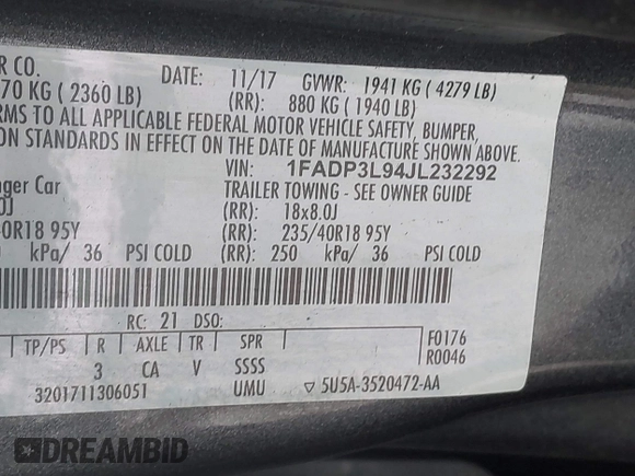 2018 Ford Focus ST with VIN 1FADP3L94JL232292, listed as a IAAI auction lot 41329231 with 114,858 mi miles and . Bid and sale history available at DreamBid. Image 9.