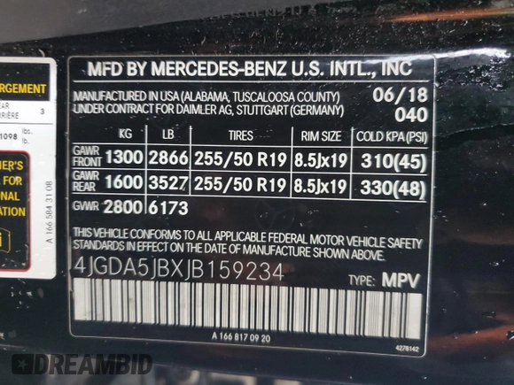 2018 Mercedes-Benz GLE 350 with VIN 4JGDA5JBXJB159234, listed as a Copart auction lot 50811915 with 95,090 mi miles and Salvage title. Bid and sale history available at DreamBid. Image 15.