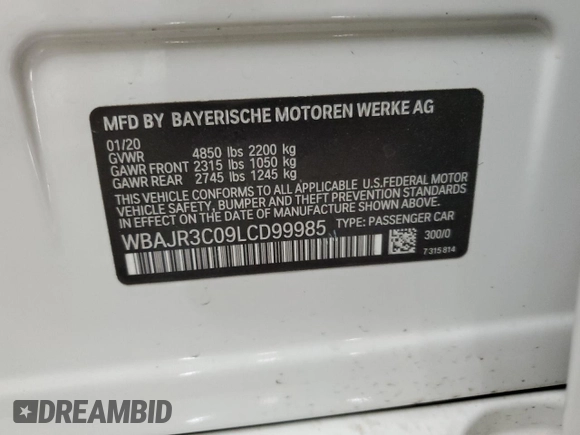 2020 BMW 5 Series 530i with VIN WBAJR3C09LCD99985, listed as a Copart auction lot 47174615 with 20,742 mi miles and Salvage Title. Bid and sale history available at DreamBid. Image 13.