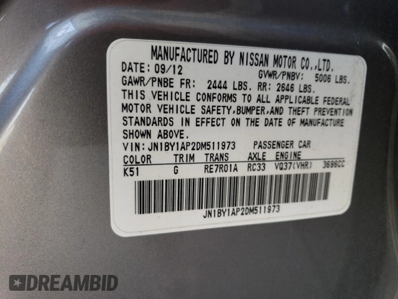2013 Infiniti M with VIN JN1BY1AP2DM511973, listed as a Copart auction lot 55351815 with 126,888 mi miles and Salvage title. Bid and sale history available at DreamBid. Image 12.