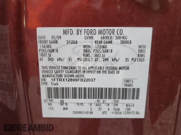 2009 Ford F-150 STX with VIN 1FTRX12899FB22037, listed as a Copart auction lot 48327745 with 0 mi miles and Salvage Title. Bid and sale history available at carsss.com. Image 14.