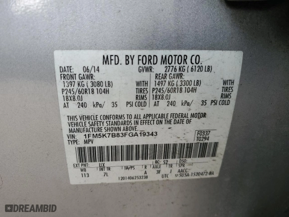 2015 Ford Explorer with VIN 1FM5K7B83FGA19343, listed as a Copart auction lot 44848105 with 171,735 mi miles and Salvage Title. Bid and sale history available at carsss.com. Image 16.