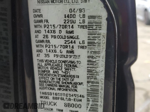 1996 Nissan Frontier XE with VIN 1N6SD16S8TC345546, listed as a Copart auction lot 44806825 with 229,440 mi miles and Salvage title. Bid and sale history available at DreamBid. Image 12.