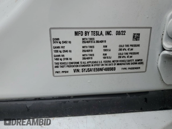 2022 Tesla Model S with VIN 5YJSA1E59NF488969, listed as a Copart auction lot 53686495 with 20,040 mi miles and Salvage Title. Bid and sale history available at DreamBid. Image 13.