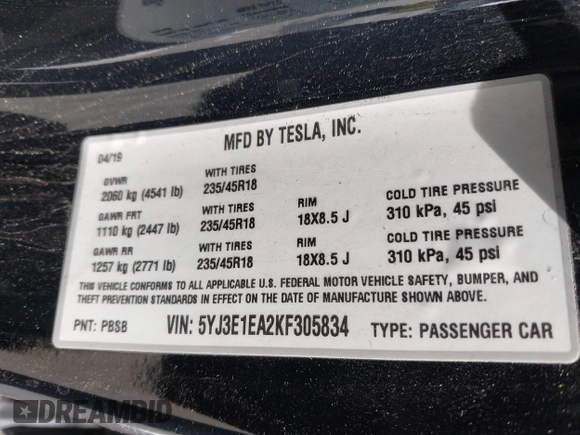 2019 Tesla Model 3 Mid Range with VIN 5YJ3E1EA2KF305834, listed as a IAAI auction lot 41719610 with 126,333 mi miles and . Bid and sale history available at DreamBid. Image 9.
