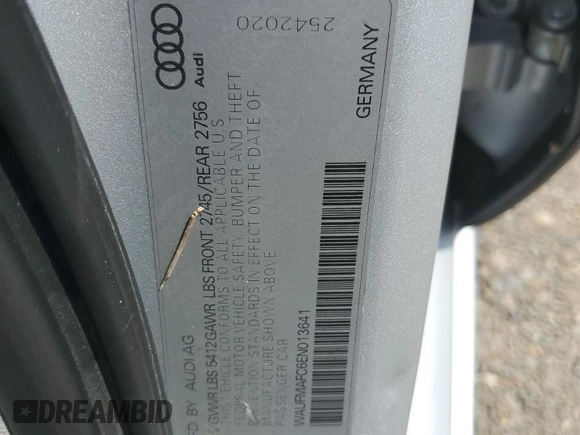 2014 Audi A6 Premium Plus with VIN WAUFMAFC6EN013641, listed as a Copart auction lot 54417055 with 95,749 mi miles and Salvage title. Bid and sale history available at DreamBid. Image 12.