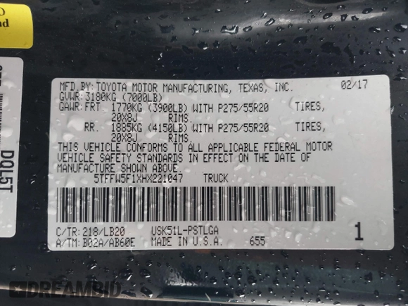 2017 Toyota Tundra 2WD Limited with VIN 5TFFW5F1XHX221047, listed as a IAAI auction lot 41568010 with 169,097 mi miles. Bid and sale history available at carsss.com. Image 9.