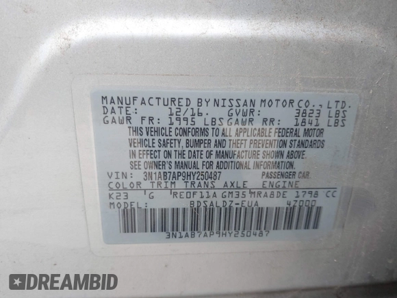2017 Nissan Sentra SV z VIN 3N1AB7AP9HY250487, wystawiony jako IAAI lot #42376252 z przebiegiem 109 444 mil mil oraz . Historia ofert i sprzedaży dostępna na DreamBid. Obrazek 9.