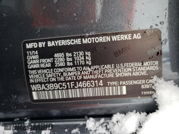 2015 BMW 3 Series 335i xDrive with VIN WBA3B9C51FJ466314, listed as a Copart auction lot 83067354 with 123,643 mi miles and Salvage title. Bid and sale history available at DreamBid. Image 12.