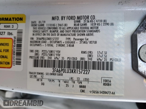 2019 Ford Fusion Hybrid SE with VIN 3FA6P0LU3KR157227, listed as a Copart auction lot 72913652 with 51,912 mi miles. Bid and sale history available at carsss.com. Image 14.