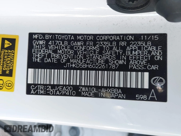 2016 Lexus CT 200h z VIN JTHKD5BH6G2261787, wystawiony jako IAAI lot #42667277 z przebiegiem 152 082 mil mil oraz . Historia ofert i sprzedaży dostępna na DreamBid. Obrazek 9.