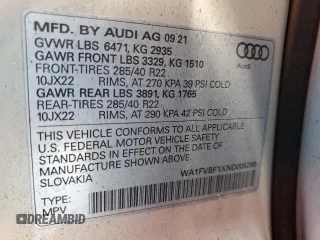 2022 Audi Q8 Prestige with VIN WA1FVBF1XND005269, listed as a Copart auction lot 50474954 with 21,283 mi miles. Bid and sale history available at carsss.com. Image 14.