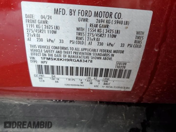2024 Ford Explorer ST-Line с VIN 1FMSK8KH9RGA83478, выставлен на аукционе Copart как лот 55266735 с пробегом 8 895 миль миль и Списание • Salvage title. История ставок и продаж доступна на DreamBid. Изображение 13.