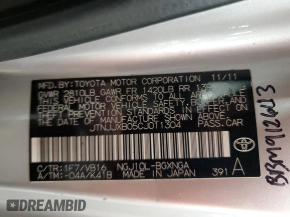 2012 Scion iQ с VIN JTNJJXB05CJ011304, выставлен на аукционе Copart как лот 62499595 с пробегом 108 924 миль миль и Списание • Salvage title. История ставок и продаж доступна на DreamBid. Изображение 12.