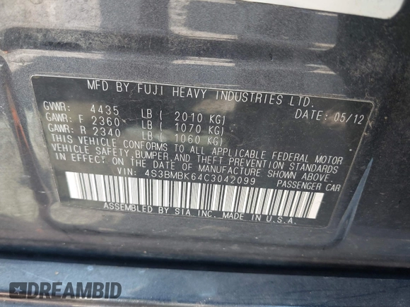 2012 Subaru Legacy Limited with VIN 4S3BMBK64C3042099, listed as a IAAI auction lot 41934428 with 201,054 mi miles and . Bid and sale history available at DreamBid. Image 9.