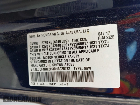 2017 Honda Odyssey SE with VIN 5FNRL5H30HB025472, listed as a IAAI auction lot 42212081 with 33,557 mi miles and . Bid and sale history available at carsss.com. Image 9.
