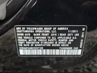 2012 Volkswagen Passat S w/Appearance with VIN 1VWAH7A36CC027198, listed as a Copart auction lot 86751154 with 0 mi miles and Salvage Title. Bid and sale history available at carsss.com. Image 12.