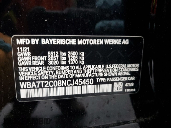 2022 BMW 7 Series 740i with VIN WBA7T2C08NCJ45450, listed as a Copart auction lot 44440605 with 75,297 mi miles and Salvage Title. Bid and sale history available at carsss.com. Image 12.