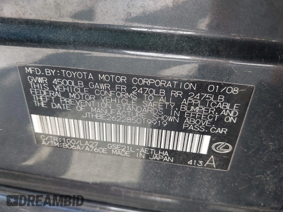 2008 Lexus IS 350 с VIN JTHBE262285019919, выставлен на аукционе IAAI как лот 42032698 с пробегом 238 525 миль миль и . История ставок и продаж доступна на DreamBid. Изображение 9.