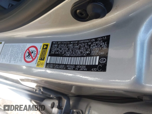 2013 Lexus ES 300h with VIN JTHBW1GG2D2022140, listed as a IAAI auction lot 42677307 with 133,630 mi miles and . Bid and sale history available at DreamBid. Image 9.