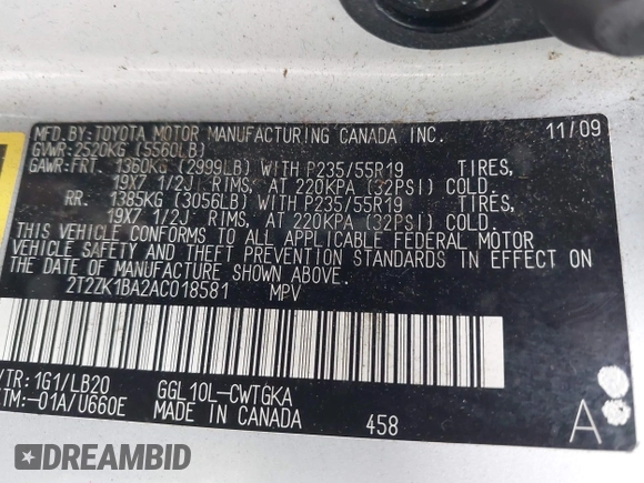 2010 Lexus RX 350 с VIN 2T2ZK1BA2AC018581, выставлен на аукционе IAAI как лот 42201292 с пробегом 132 429 миль миль и . История ставок и продаж доступна на DreamBid. Изображение 9.