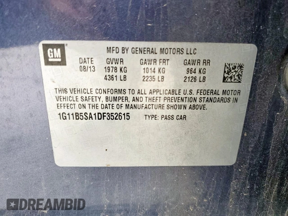 2013 Chevrolet Malibu LS with VIN 1G11B5SA1DF352615, listed as a Copart auction lot 56576615 with 121,609 mi miles and Clean Title. Bid and sale history available at DreamBid. Image 12.