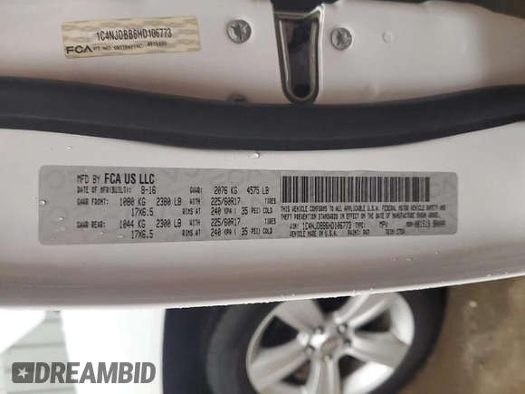 2017 Jeep Compass Sport SE with VIN 1C4NJDBB6HD106773, listed as a Copart auction lot 61995745 with 84,191 mi miles and Salvage title. Bid and sale history available at DreamBid. Image 14.