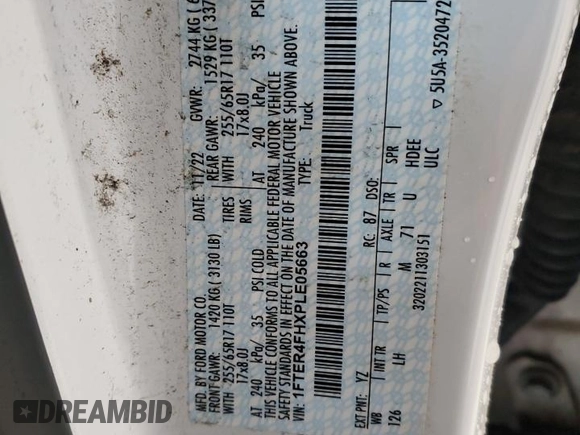 2023 Ford Ranger XL with VIN 1FTER4FHXPLE05663, listed as a Copart auction lot 60577925 with 29,218 mi miles and Salvage title. Bid and sale history available at DreamBid. Image 12.