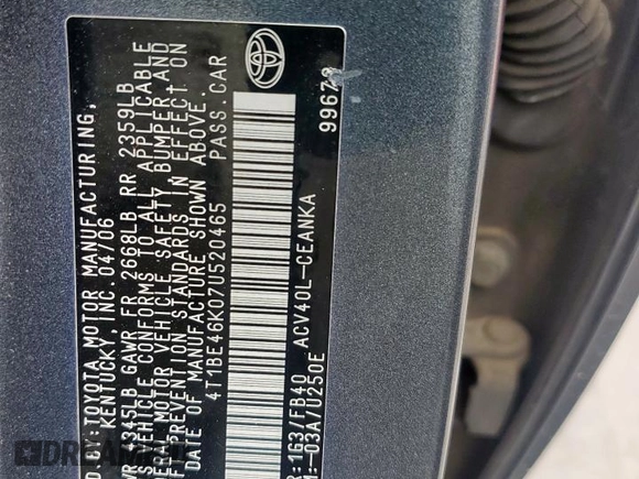 2007 Toyota Camry CE with VIN 4T1BE46K07U520465, listed as a Copart auction lot 50997745 with Not Provided miles and Salvage Title. Bid and sale history available at DreamBid. Image 12.