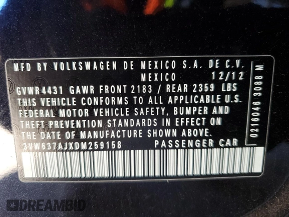 2013 Volkswagen Jetta Hybrid SE z VIN 3VW637AJXDM259158, wystawiony jako Copart lot #50423615 z przebiegiem 109 280 mil mil oraz Szkoda całkowita • Salvage title. Historia ofert i sprzedaży dostępna na DreamBid. Obrazek 12.