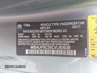 2012 BMW 1 Series 128i with VIN WBAUP9C56CVL90938, listed as a IAAI auction lot 42576072 with 135,234 mi miles and . Bid and sale history available at DreamBid. Image 9.