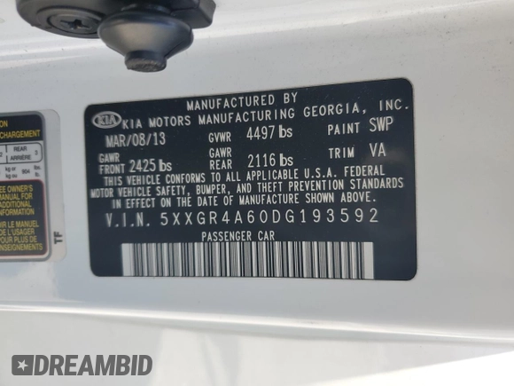 2013 Kia Optima SX z VIN 5XXGR4A60DG193592, wystawiony jako Copart lot #61274435 z przebiegiem 108 251 mil mil oraz Szkoda całkowita • Salvage title. Historia ofert i sprzedaży dostępna na DreamBid. Obrazek 13.