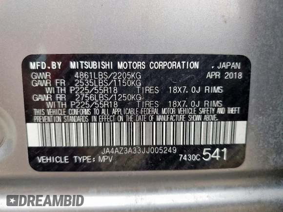 2018 Mitsubishi Outlander ES with VIN JA4AZ3A33JJ005249, listed as a Copart auction lot 60602245 with 113,122 mi miles and Salvage title. Bid and sale history available at DreamBid. Image 12.