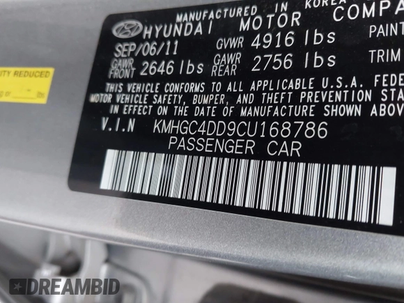 2012 Hyundai Genesis 3.8L with VIN KMHGC4DD9CU168786, listed as a IAAI auction lot 41933681 with 121,448 mi miles. Bid and sale history available at carsss.com. Image 9.