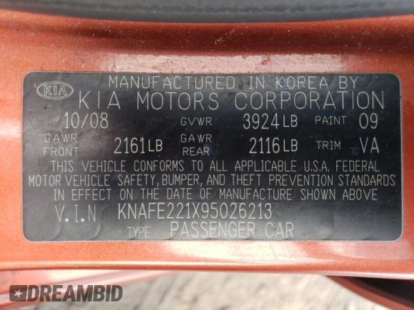 2009 Kia Spectra SX with VIN KNAFE221X95026213, listed as a Copart auction lot 85348104 with 124,171 mi miles and Salvage Title. Bid and sale history available at carsss.com. Image 15.