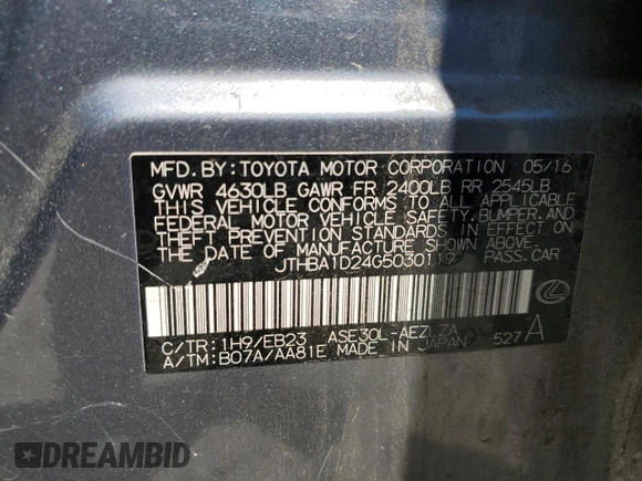2016 Lexus IS 200t with VIN JTHBA1D24G5030119, listed as a Copart auction lot 56073835 with 138,998 mi miles and Salvage title. Bid and sale history available at DreamBid. Image 13.