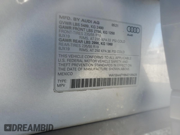 2021 Audi Q5 Premium Plus with VIN WA1BAAFY6M2105428, listed as a Copart auction lot 88976885 with 71,722 mi miles and Salvage Title. Bid and sale history available at carsss.com. Image 14.