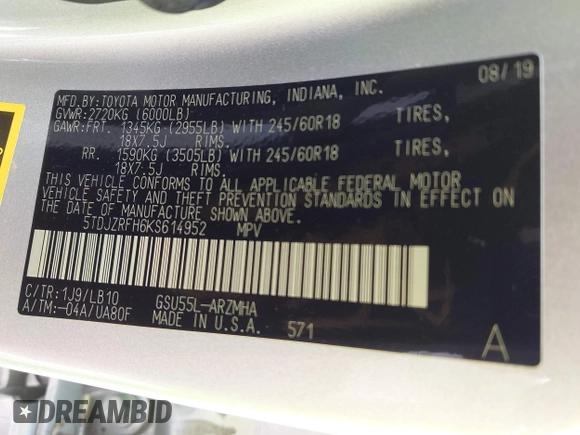 2019 Toyota Highlander SE with VIN 5TDJZRFH6KS614952, listed as a IAAI auction lot 42636713 with 65,471 mi miles and . Bid and sale history available at DreamBid. Image 9.