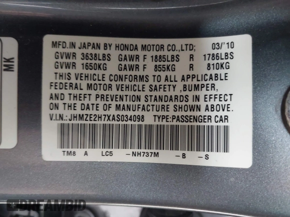 2010 Honda Insight EX with VIN JHMZE2H7XAS034098, listed as a IAAI auction lot 41939869 with 281,689 mi miles and . Bid and sale history available at DreamBid. Image 9.