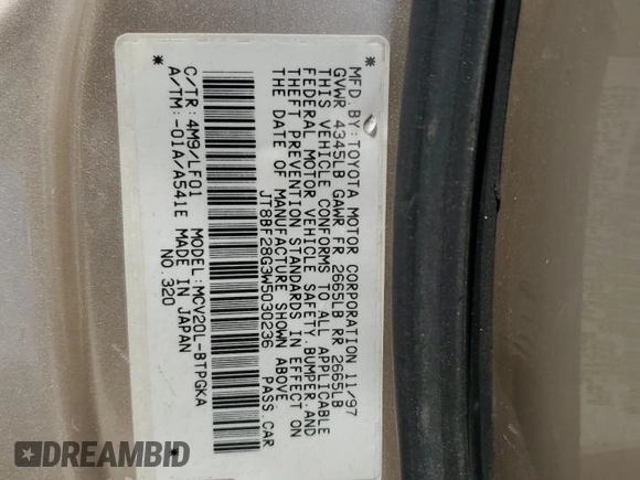 1998 Lexus ES 300 with VIN JT8BF28G3W5030236, listed as a Copart auction lot 45691855 with 181,675 mi miles and Salvage title. Bid and sale history available at DreamBid. Image 12.