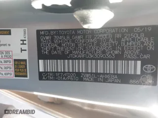 2019 Toyota Prius L Eco with VIN JTDKARFU3K3090363, listed as a IAAI auction lot 40858003 with 22,405 mi miles. Bid and sale history available at carsss.com. Image 9.
