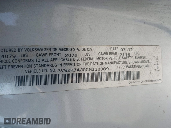 2012 Volkswagen Jetta S с VIN 3VW2K7AJ0CM310389, выставлен на аукционе IAAI как лот 42263766 с пробегом 159 706 миль миль и . История ставок и продаж доступна на DreamBid. Изображение 9.